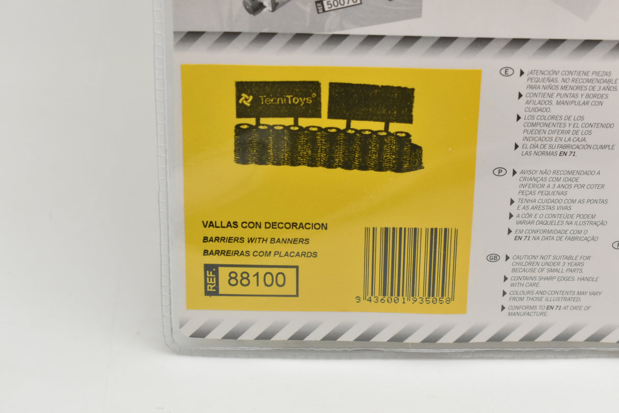 Yellow accessory box showing "Barriers with Banners" model 88100 for SCX