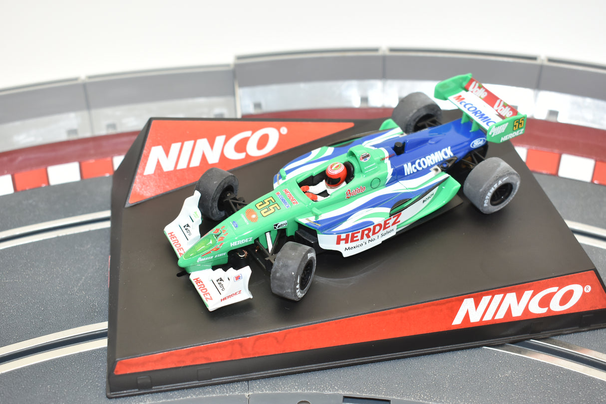 Green and blue slot car replica of a Porsche GT3 Lola Ford for ZZ Expired Kim Collection 50319