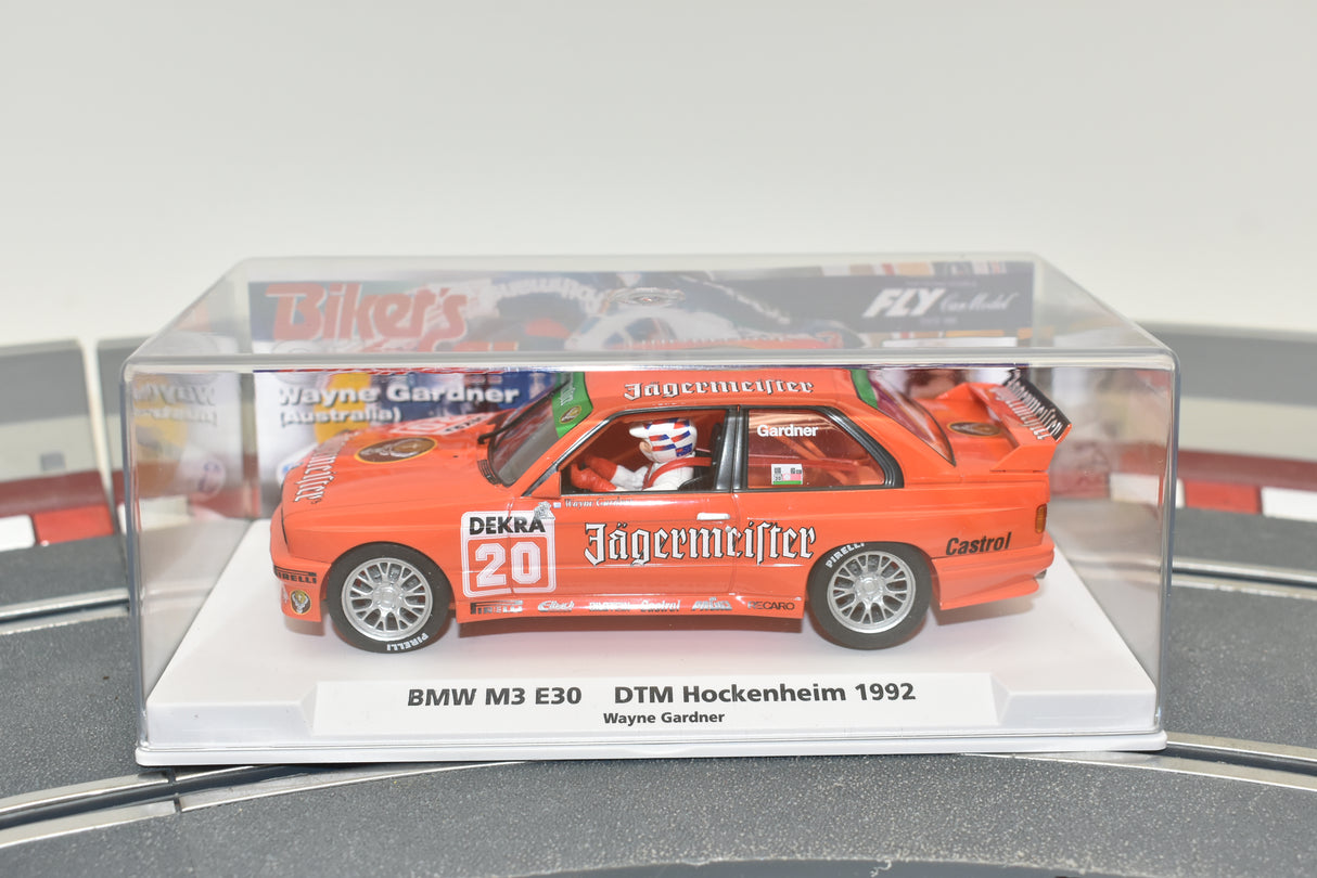 Orange BMW M3 E30 race car model from 1992 for Fly Car Biker’s In Car 01, rear view