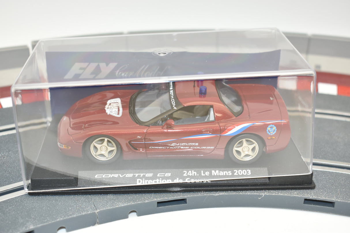 Red Corvette C5 race car model in clear display case for Fly Car 88072