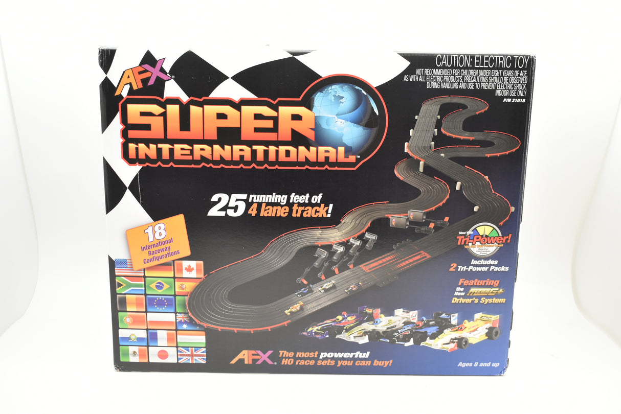 Hobby race track set box featuring a 25-foot, 4-lane track layout for AFX/ 21018