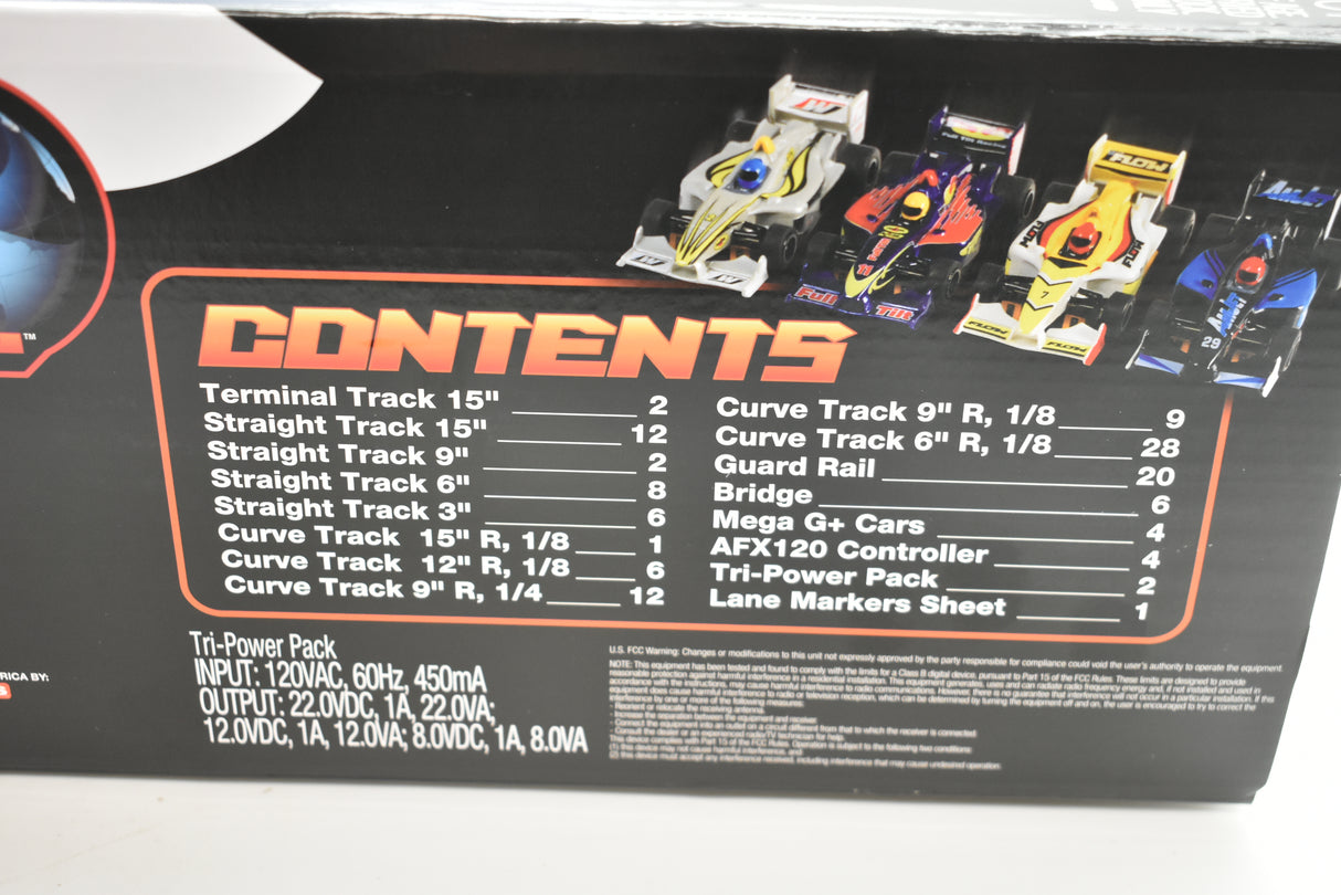 Contents list for a race track set, showing track pieces and accessories for AFX/ 21018