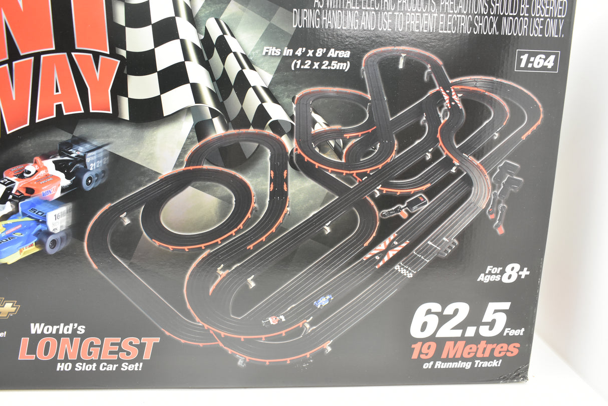 Slot car track layout graphic showing winding race course design for AFX/Racemasters 22020