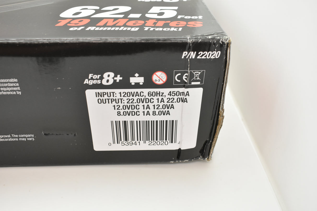 Product box showing electrical specs and model number 22020 for AFX/Racemasters