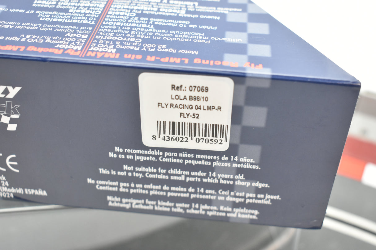 Product box showing safety warnings and model details for a toy car for Fly Car 07059
