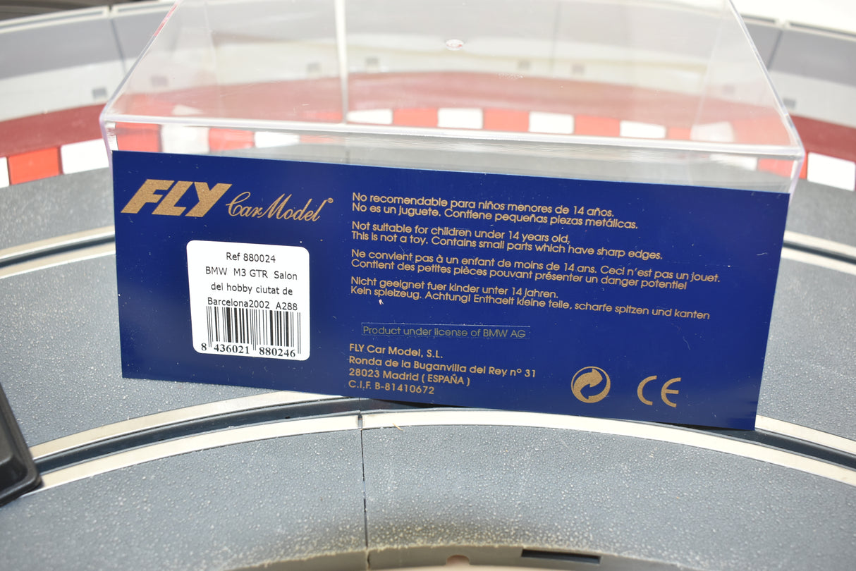 Model car packaging with safety warnings and product details for Fly Car 88024