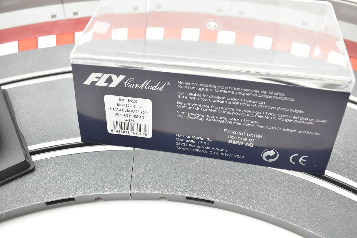 Toy car packaging showing BMW 320i E-46 race model details for Fly Car 88107