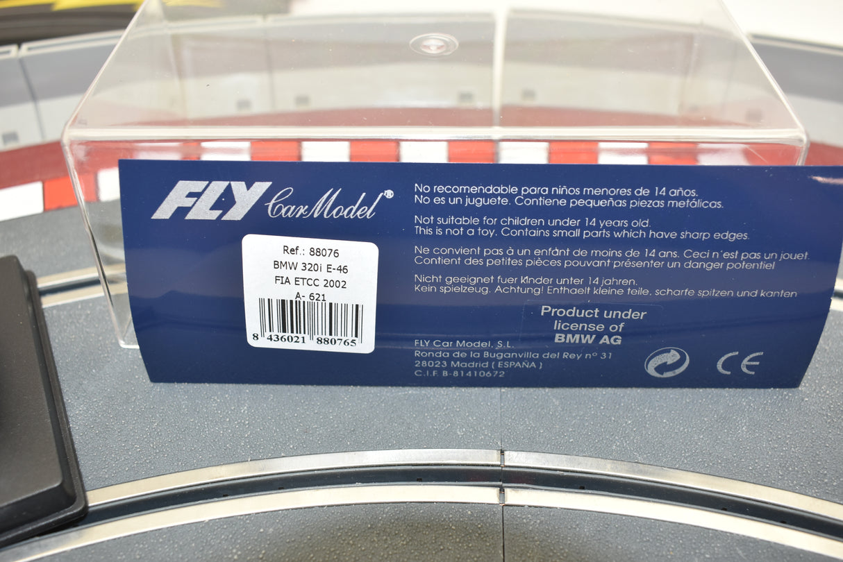 Product information card for a model car, showing safety warnings and details for Fly Car A-621
