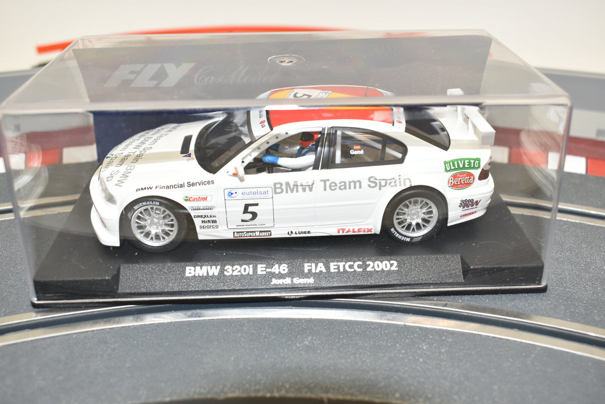 White BMW race car model on a display base for Fly Car ETCC 2002 -J.Gene