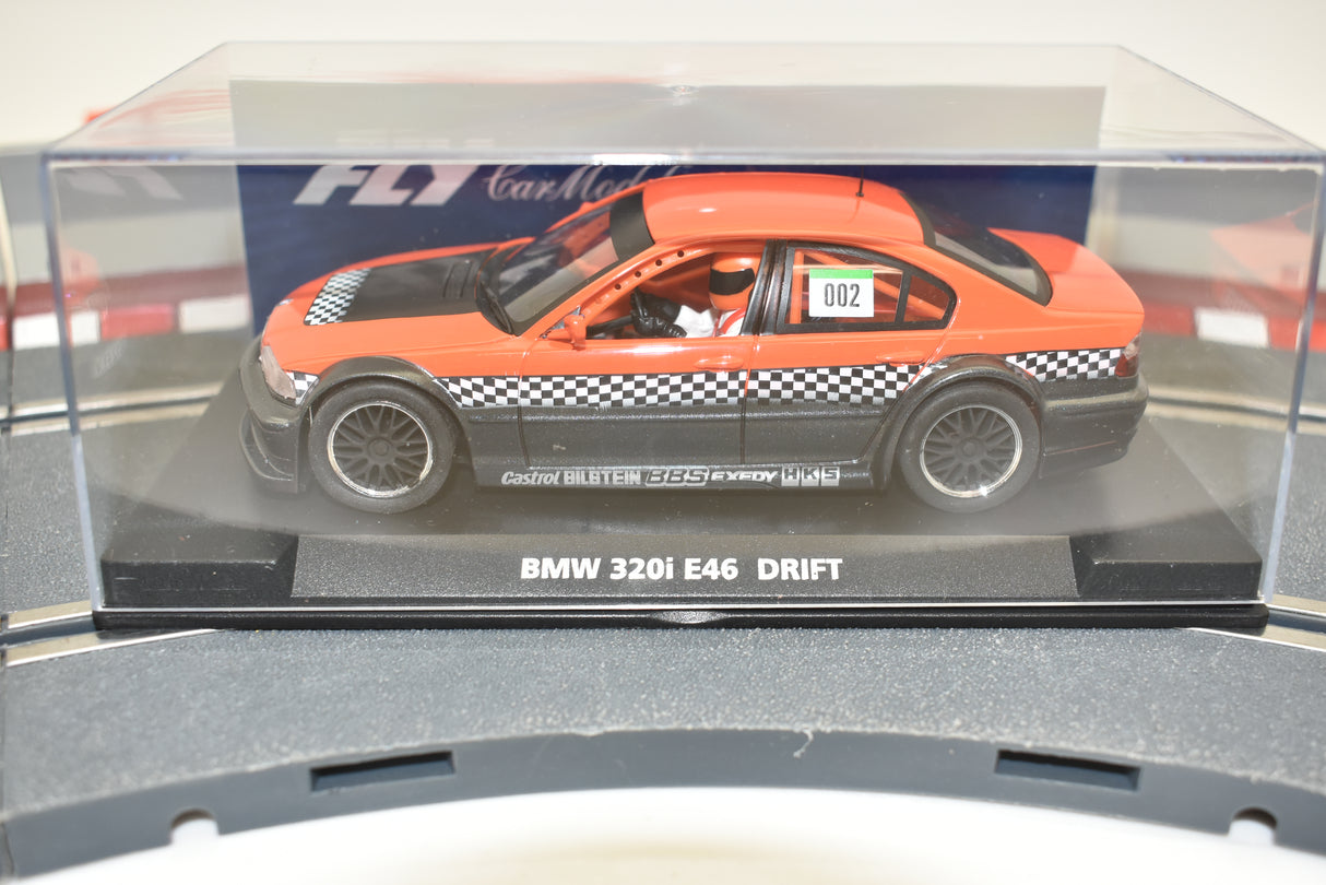 Orange BMW 320i E46 drift slot car in clear case for Fly Car 88254