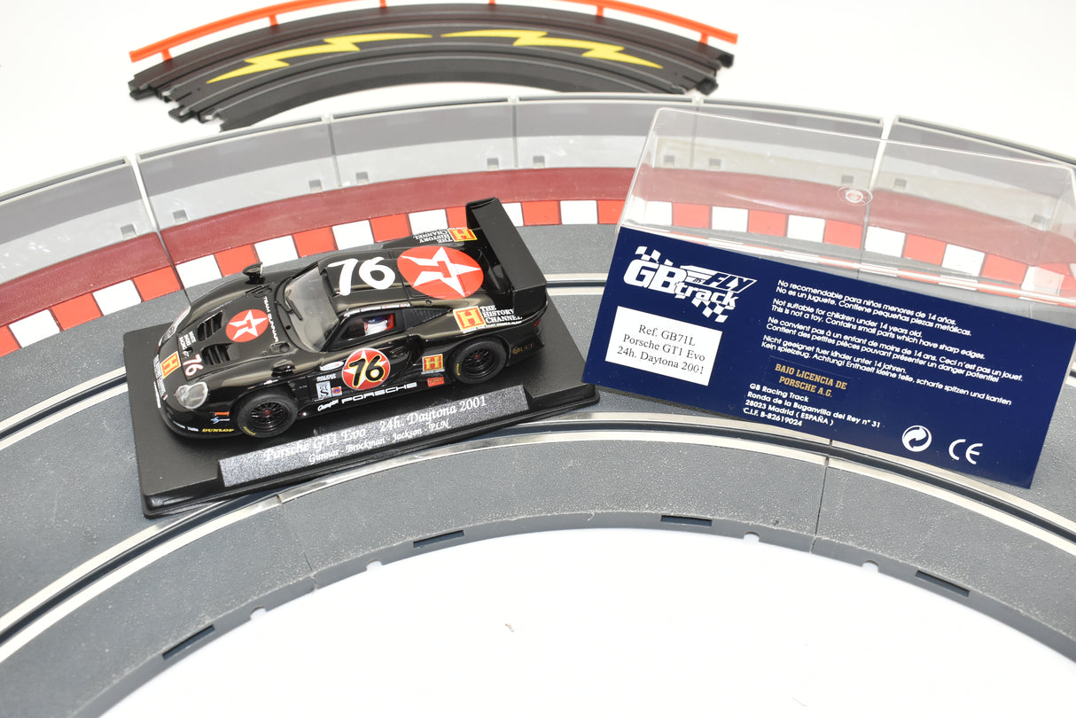 Porsche GT1 EVO race car model on track section with instructions for Fly Car GB71L