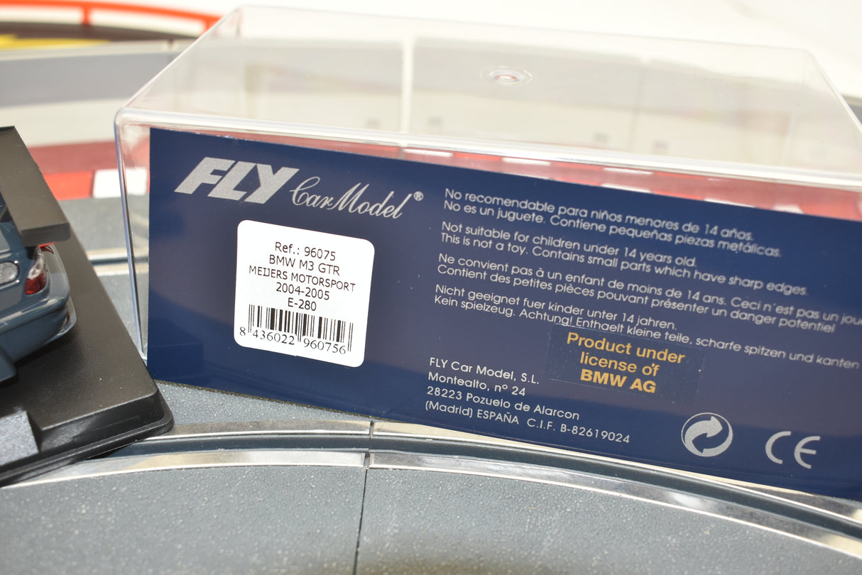 Model car box for BMW M3 GTR, showing model details and safety warnings for Fly Car E-280