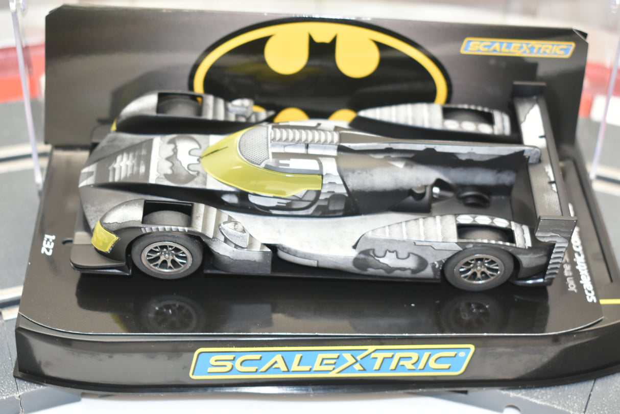 Batman-themed slot car in its open display box for Scalextric C4140