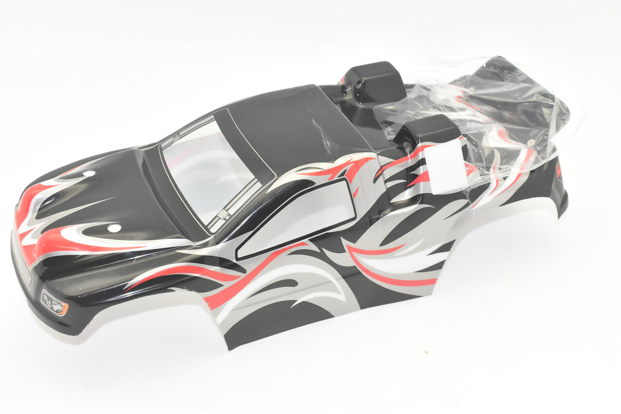 Black and red truggy body shell with wing, ready for assembly for IMEX IMX18231