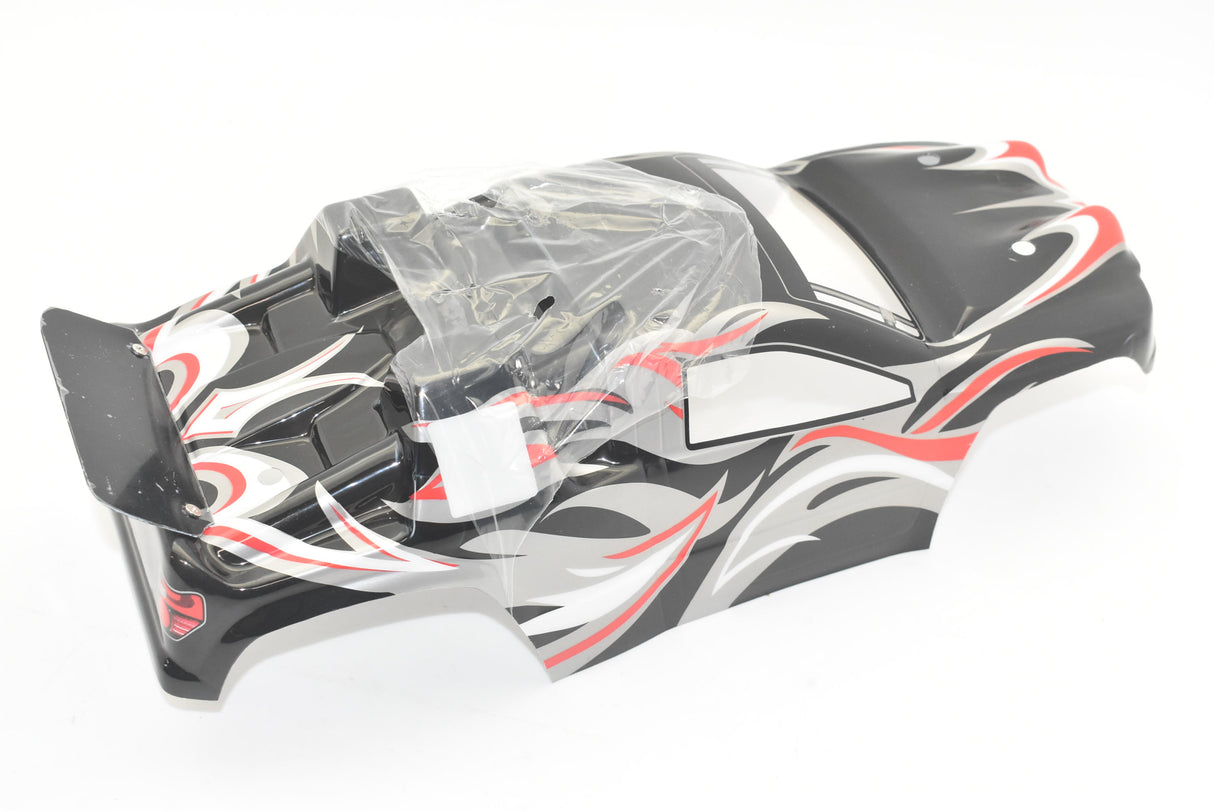 Black and red truggy body shell with wing, packaged in plastic for IMEX IMX18231, package view, product view 3