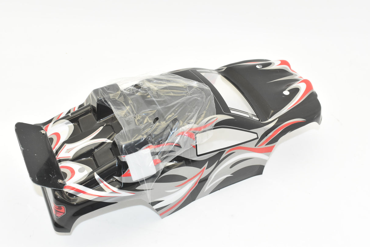 Black and red truggy body shell with wing, packaged in plastic for IMEX IMX18231, package view, product view 4