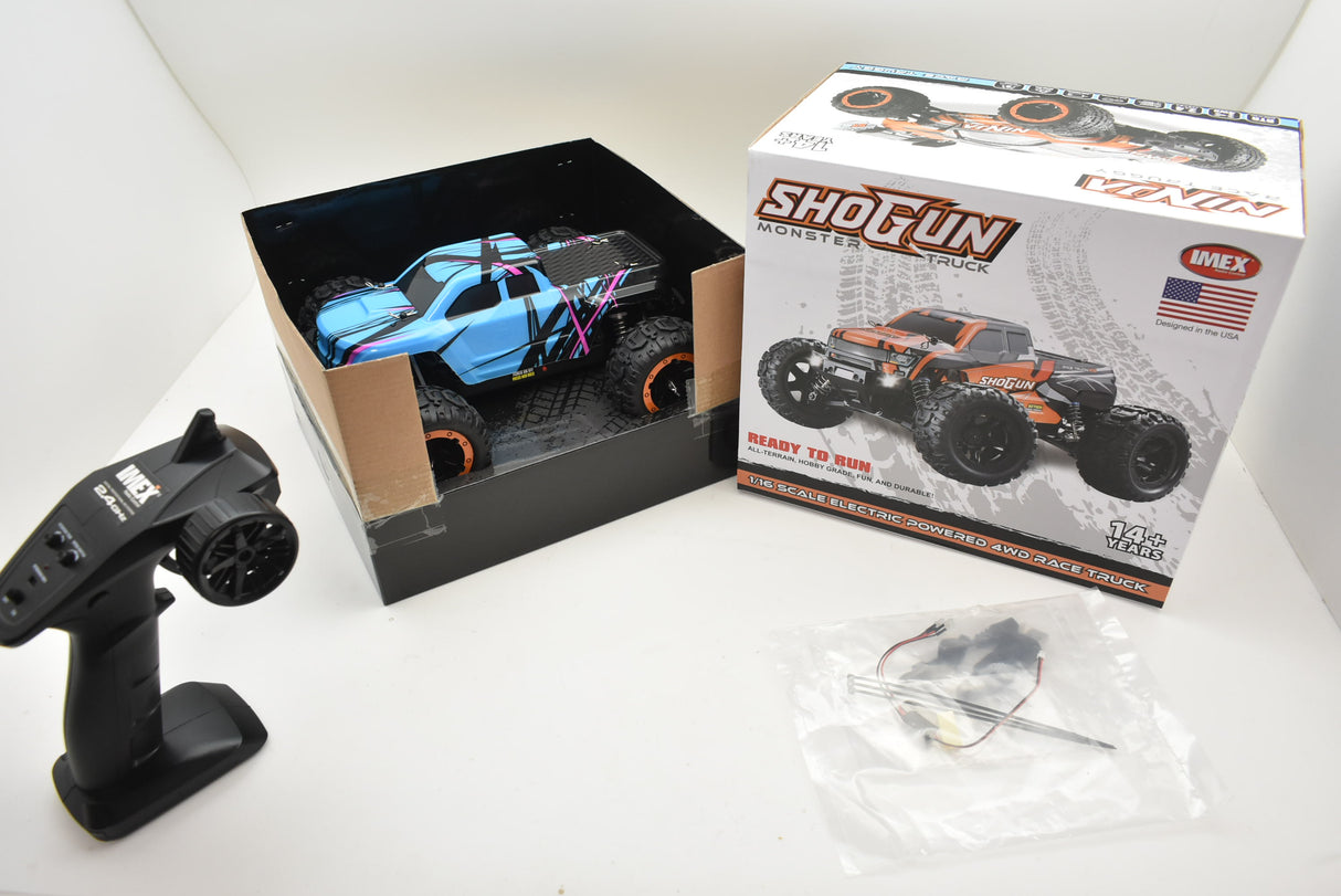 Blue and yellow monster truck toy with remote control and box for Blue/Yellow IMX19015