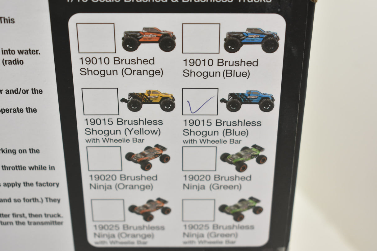 Selection chart showing various Shogun monster truck models and colors for Blue/Yellow IMX19015
