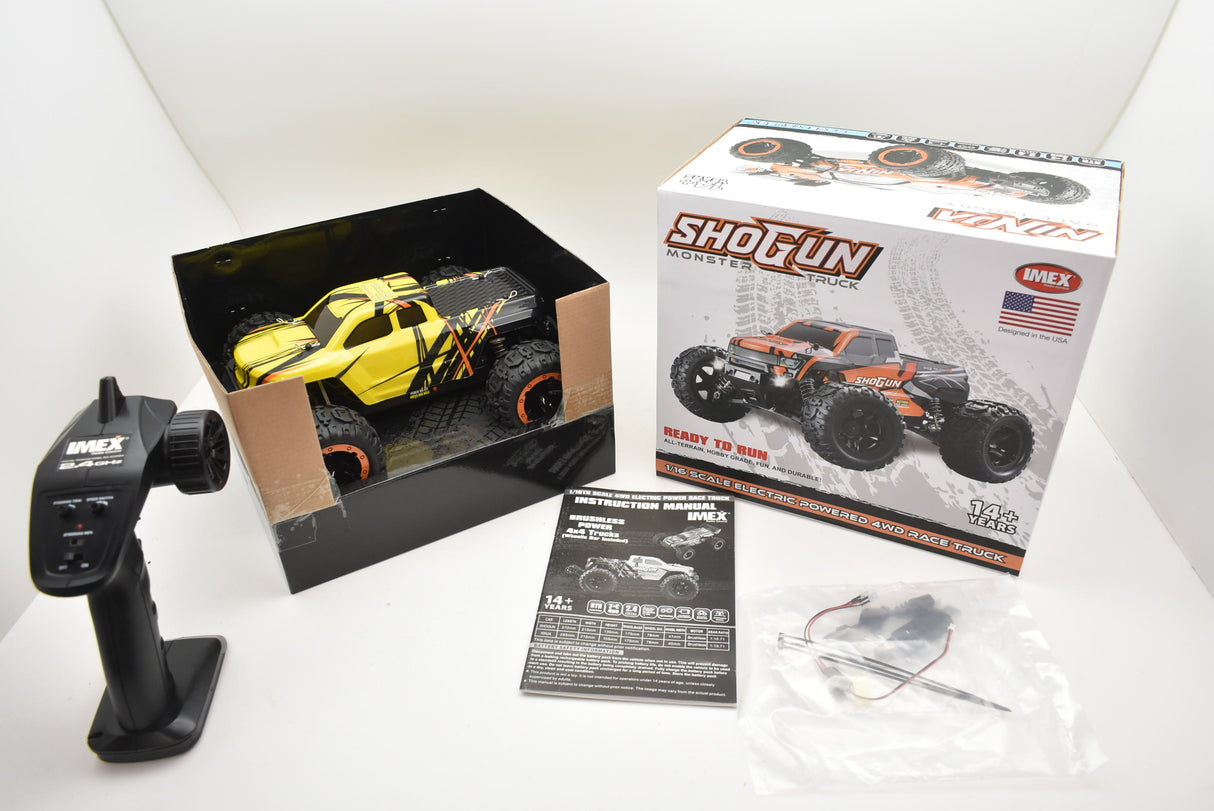 Yellow and black monster truck with accessories and instructions for Blue/Yellow IMX19015