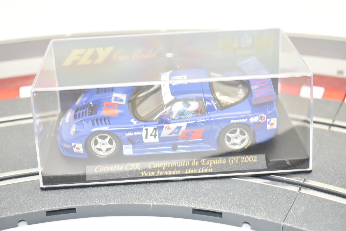 Blue slot car of a 2002 Corvette C5R race car for Fly Car A128