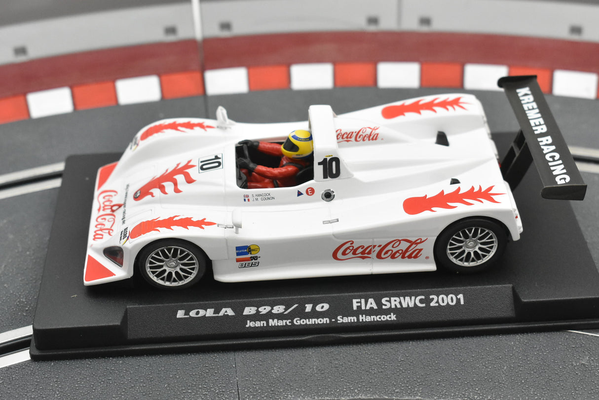 White race car model, Lola B98/10, with red Coca-Cola branding for Fly Car Fia Srwc 2001