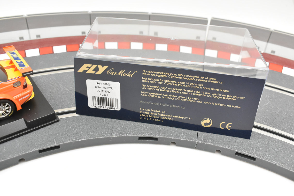 Toy car box showing BMW M3 GTR model details and safety warnings for Fly Car A287