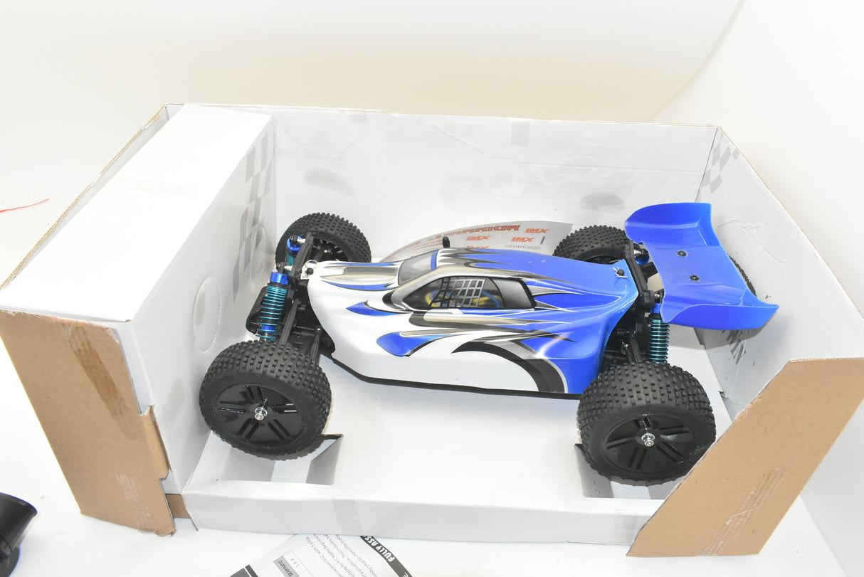 Blue and white RC buggy on a white cardboard display box for IMEX 18020, package view, product view 20