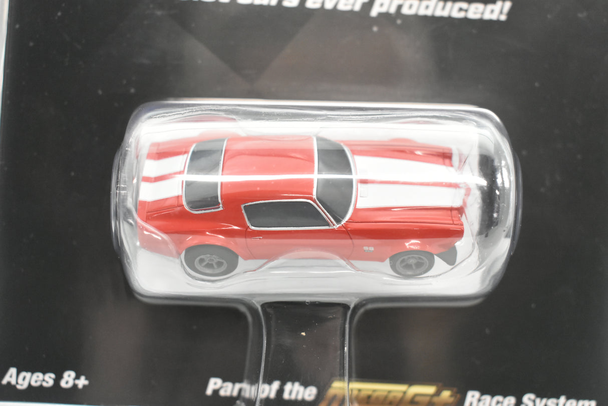 Red Camaro slot car collectible model on a display stand for AFX/Racemasters 22002