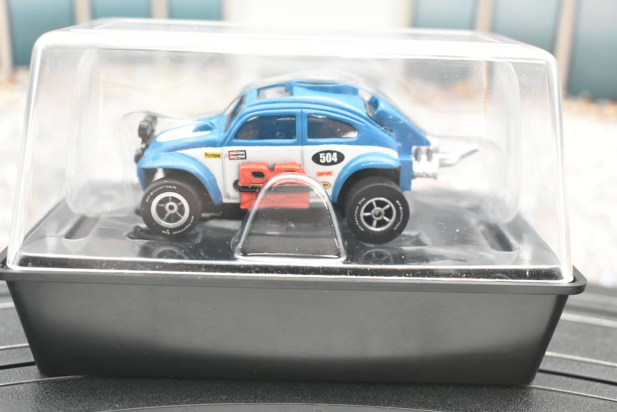 Blue VW Beetle toy car in clear plastic display case for Auto World SC012