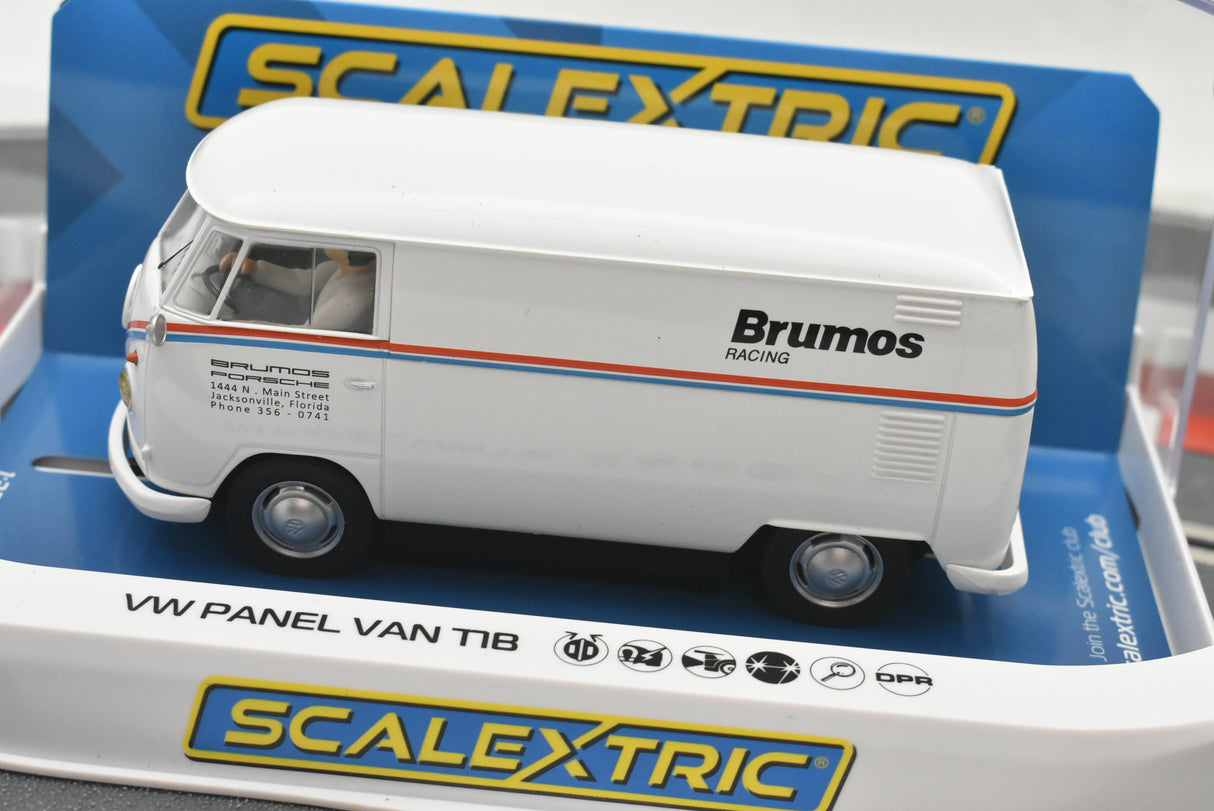 White VW T1b panel van model car from Brumos Racing for Scalextric C4086, front view