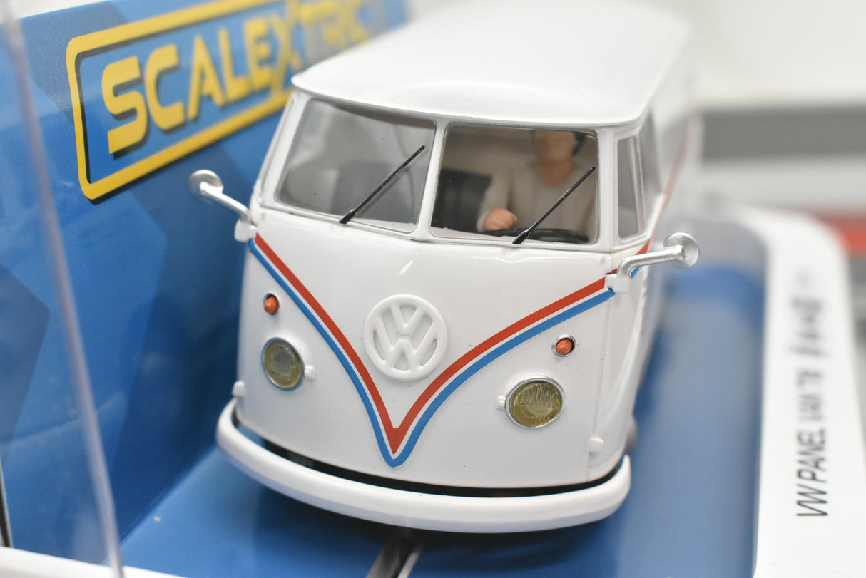White VW panel van model with red and blue racing stripes for Scalextric C4086