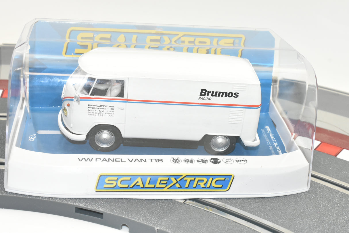 White VW T1b panel van model car with Brumos Racing livery for Scalextric C4086, front view