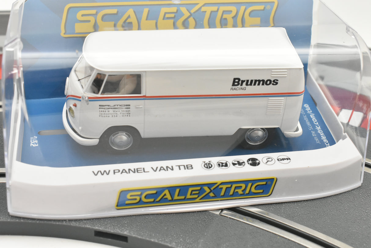 White VW T1b panel van model car with Brumos Racing livery for Scalextric C4086, rear view