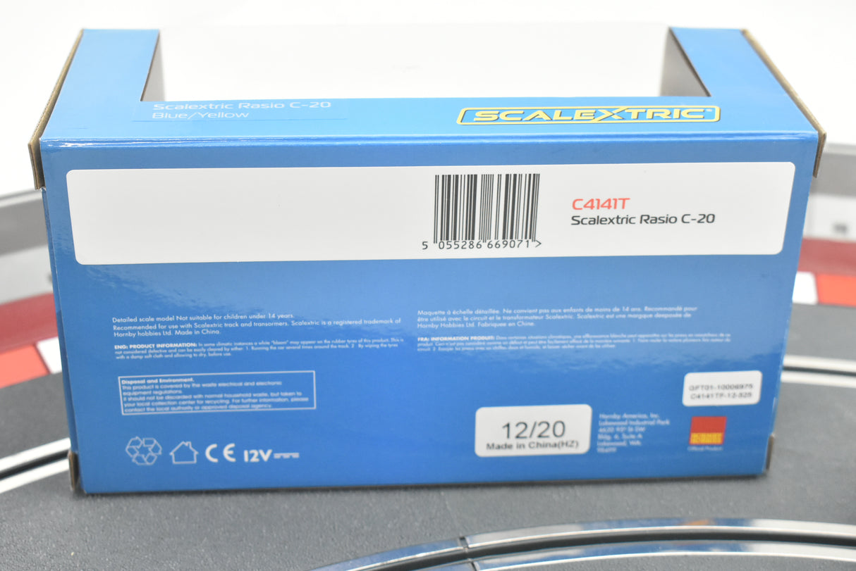 Blue and yellow model train set box with product details for Scalextric C4141T