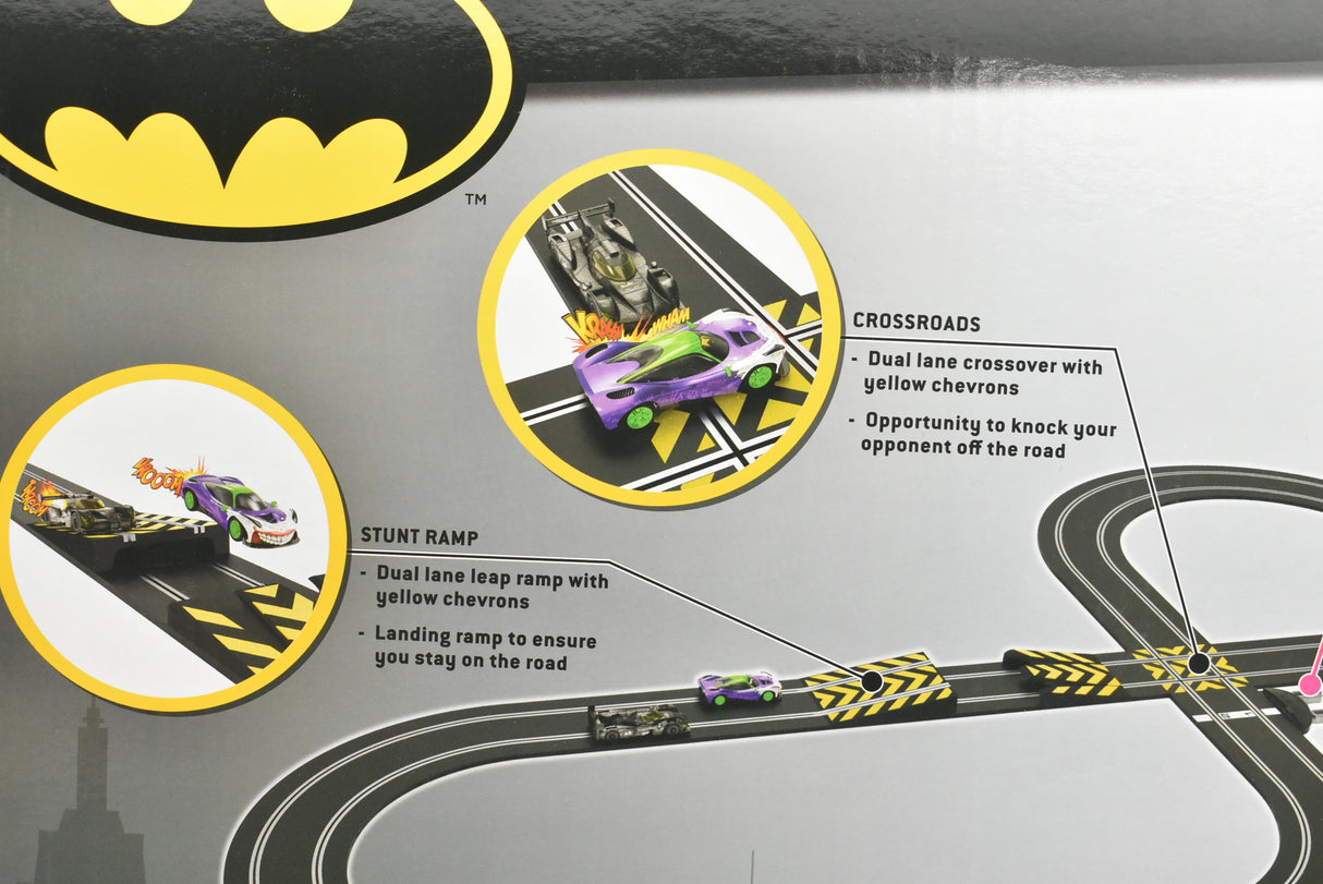 Race track layout showing stunts, crossroads, and ramps for toy cars for Scalextric C415