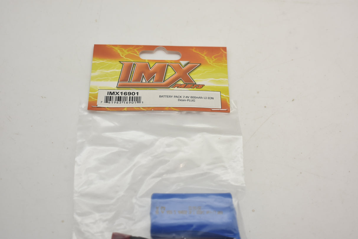 Battery pack packaging showing IMX16901, 7.4V 800mAh Li-ion for IMEX