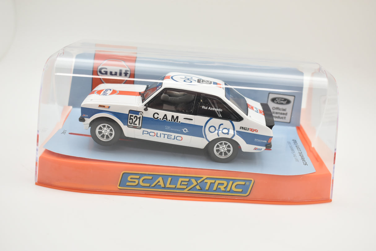 Slot car of a Gulf-liveried Ford Escort MK2 RS2000 race car for Scalextric C4150, rear view