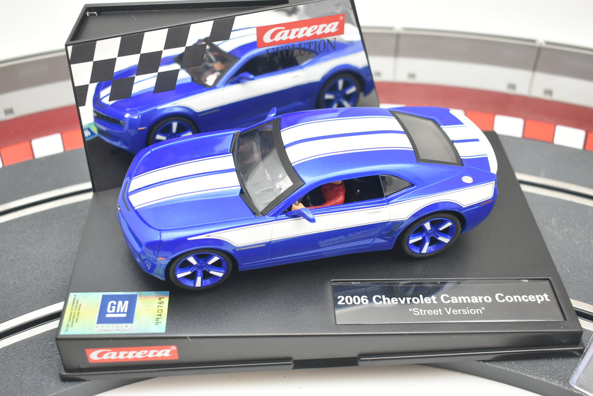 Blue and white 2006 Camaro Concept race car model on a track base for Carrera Evolution 27462
