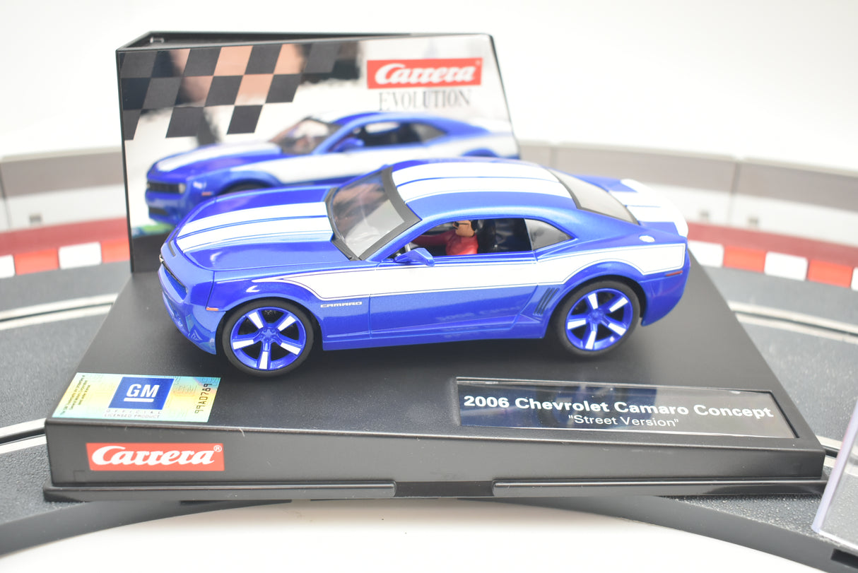 Blue 2006 Camaro Concept race car on a display base for Carrera Evolution 27462, front view