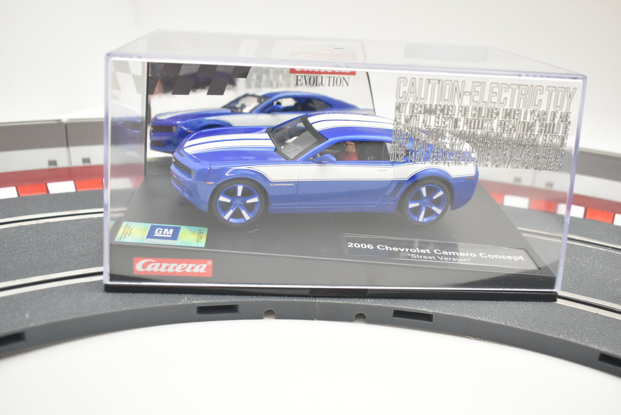 Blue 2006 Camaro Concept race car on a display base for Carrera Evolution 27462, rear view