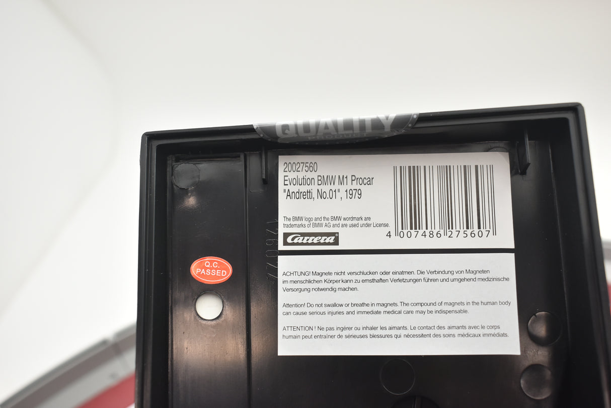 Product box showing BMW M1 Procar "Andretti, No.01", 1979 details for Carrera 27560