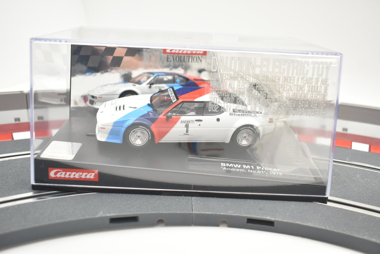 Display case with a model car: BMW M1 Procar "Andretti, No.01", 1979 for Carrera 27560