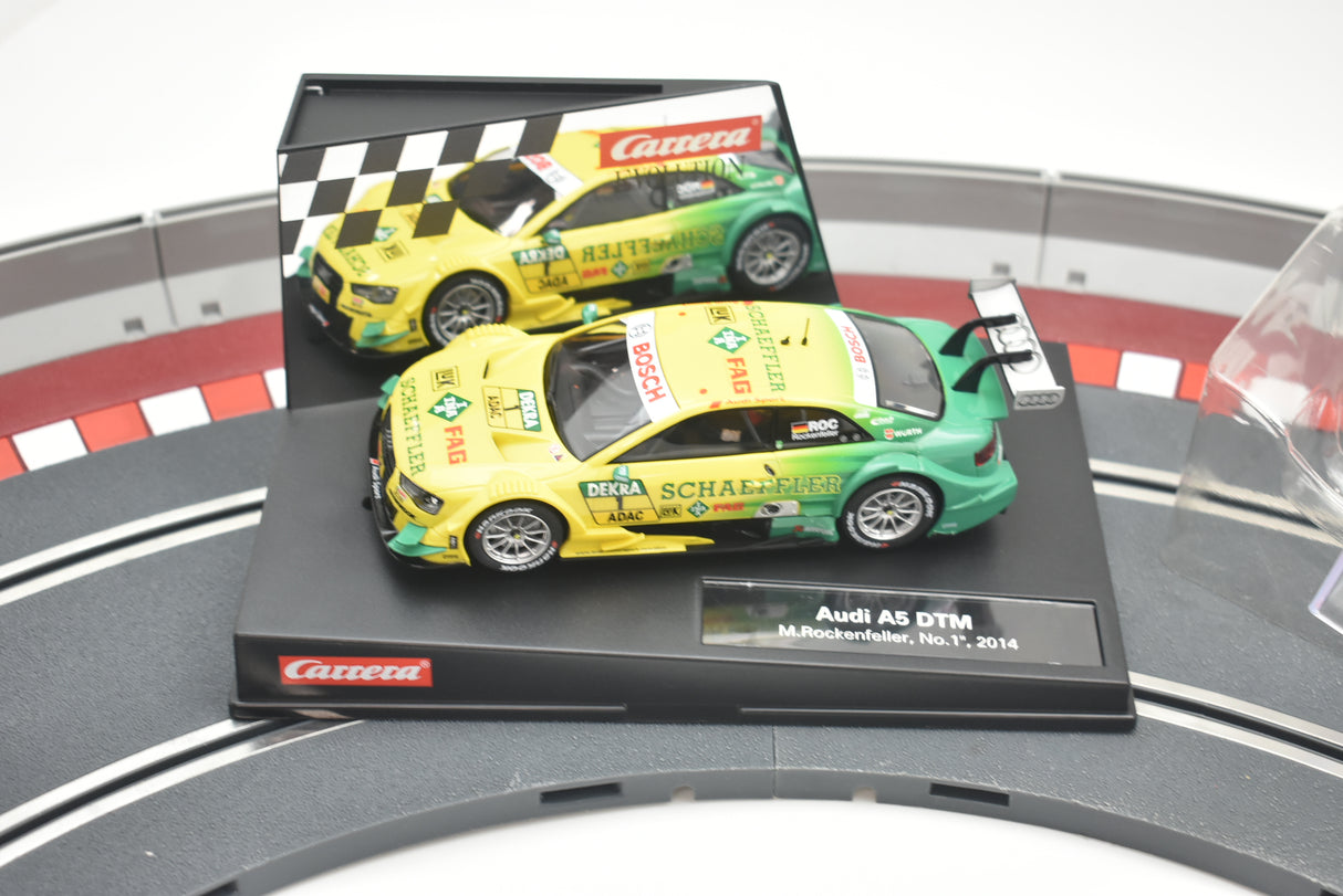 Yellow and green race car model on a track base for Carrera 274730
