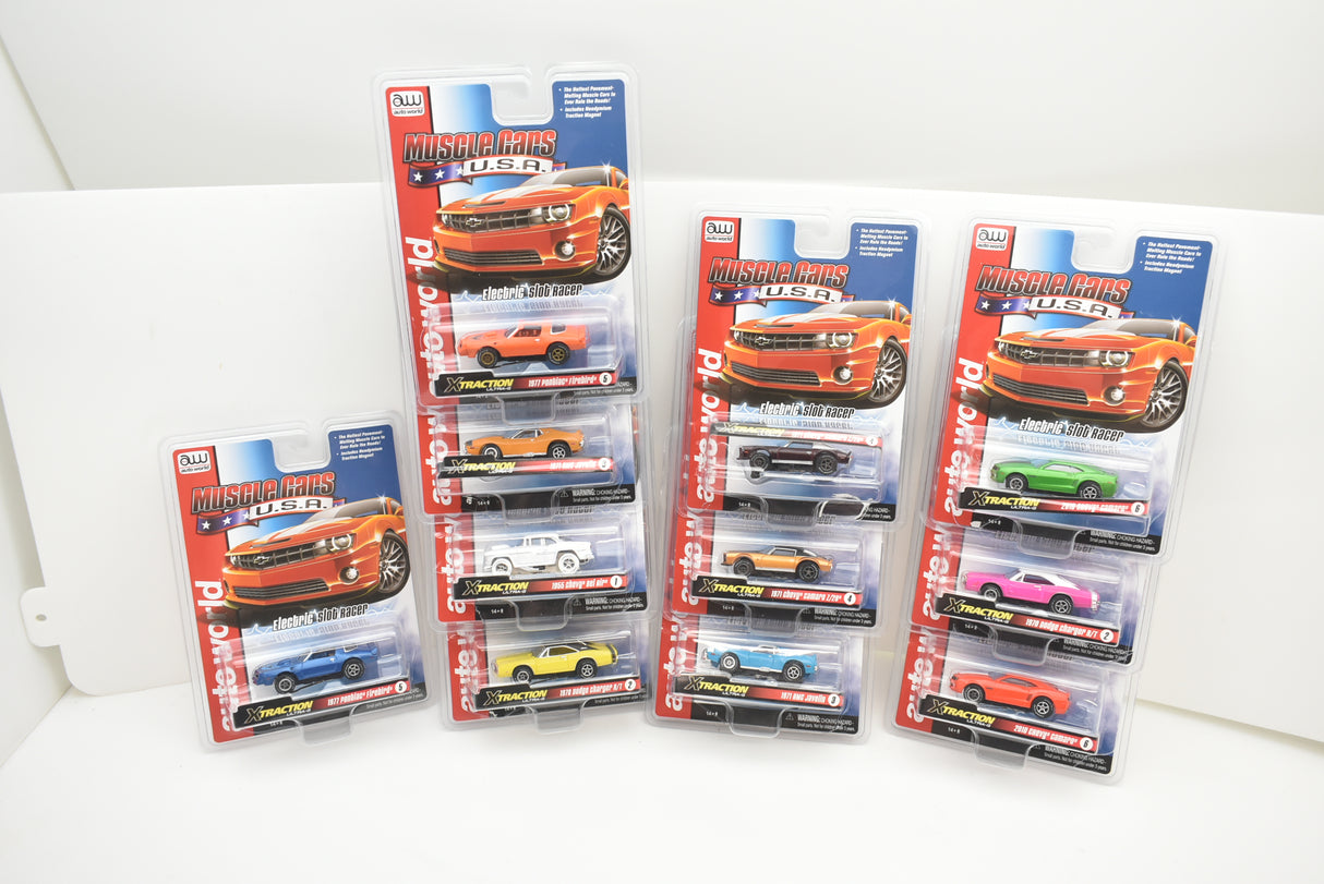 Assortment of slot car muscle car toys in blister packaging for Auto World SC354