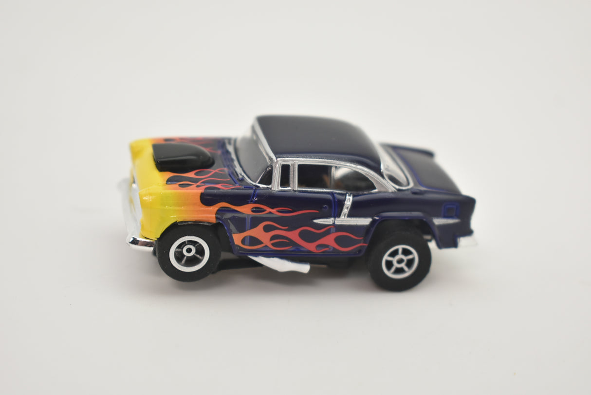 Blue and yellow 1955 Chevy Bel Air slot car with flame decals for Slot Car 1:64 CP7726