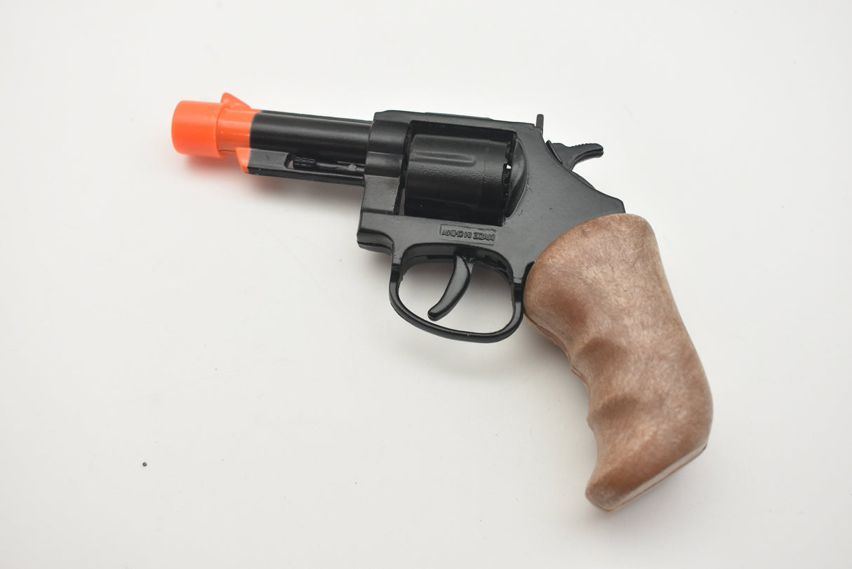Toy pistol with orange muzzle and brown grip, displayed on white background for Parris Toys 4723