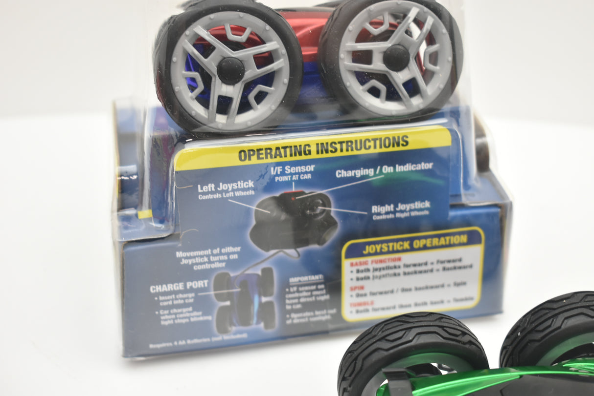 Remote control stunt car with visible joystick controls and charging port details for 48000 48000