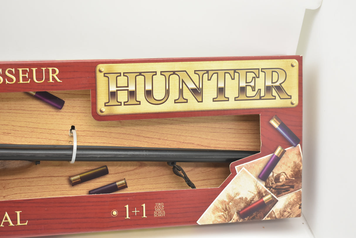 Engraved "HUNTER" nameplate on a side-by-side shotgun receiver for Gonher 111/0