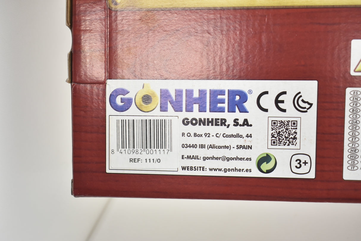Product packaging showing Gonher branding and contact information for 111/0