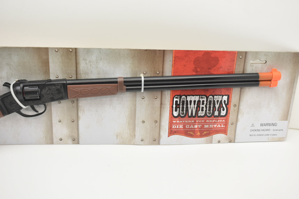Toy rifle replica with brown grip, displayed on a cardboard backing for Parris Toys 4722
